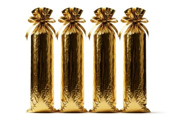 Four golden gift bags with decorative tops isolated on white background