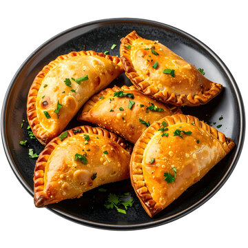Crispy empanadas de morocho on dark ceramic isolated on pure white traditional ecuadorian corn empanadas
