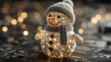 christmas technology Snowman made of circuit patterns with glowing bokeh background.