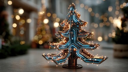 christmas technology Stylish decorative Christmas tree with lights and blurred background.