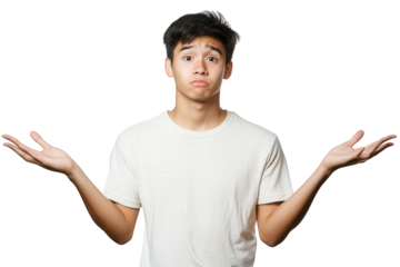 A young man shrugging with open palms, isolated on transparent background, expressing uncertainty and confusion, conveying a sense of questioning and contemplation