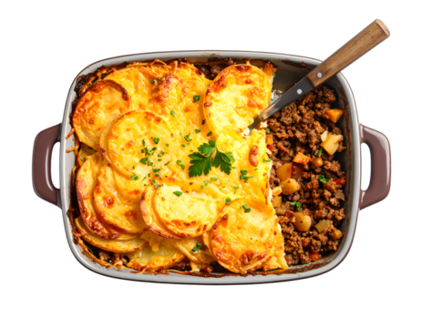 Shepherd's Pie with ground beef, potato and cheese isolated on transparent png