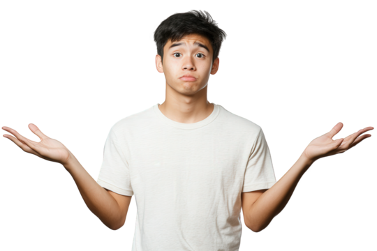 A young man shrugging with open palms, isolated on transparent background, expressing uncertainty and confusion, conveying a sense of questioning and contemplation