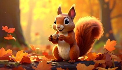 Squirrel enjoying autumn leaves in a whimsical forest setting.