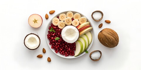 fruit offering plate with sliced banana, pomegranate seeds, apple wedges, coconut halves and almond bowl