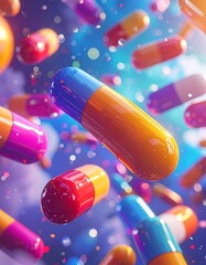 Colorful capsules of various sizes and hues float amidst an ethereal, blurry, blue and pink backdrop with shimmering bokeh