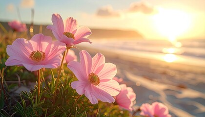 Close up of delicate pink cosmos flowers in soft focus against a blurred beach sunset with golden light reflecting on the water creating a serene and peaceful atmosphere