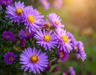 Close-up of vibrant purple asters with yellow centers in sunlight