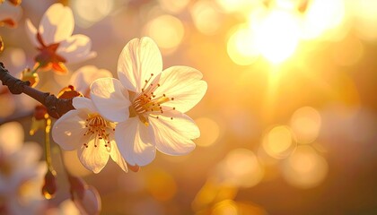 Close up of delicate white cherry blossoms illuminated by a warm golden sunset creating a soft bokeh background in spring