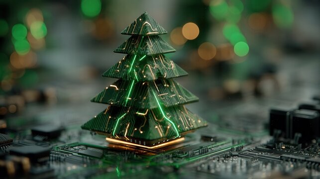 christmas technology Circuit board Christmas tree with bokeh lights in the background.