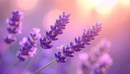 Close Up Of Purple Lavender Flowers In A Field At Sunset With Soft Bokeh Background
