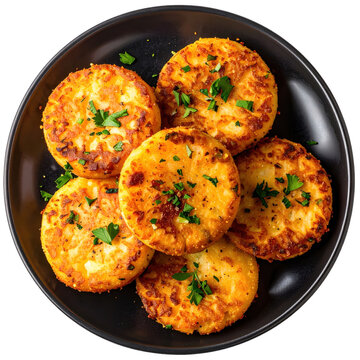 Crispy llapingachos on a dark ceramic plate, isolated on a pure white background ecuadorian potato cakes with sauce
