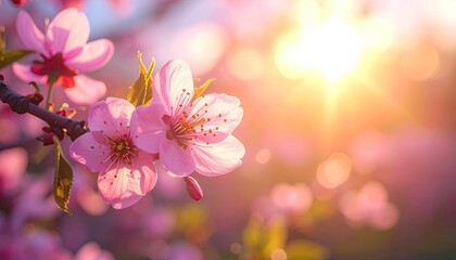 Close up of vibrant pink cherry blossoms with soft golden sunlight filtering through the branches creating a warm dreamy atmosphere during springtime.
