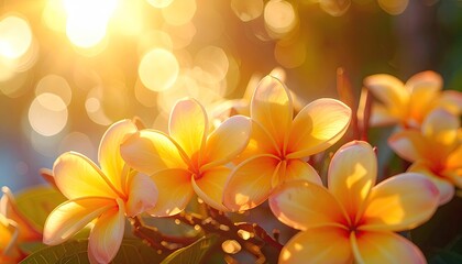Close up of vibrant yellow and orange frangipani flowers bathed in warm golden sunlight with soft bokeh background in tropical setting