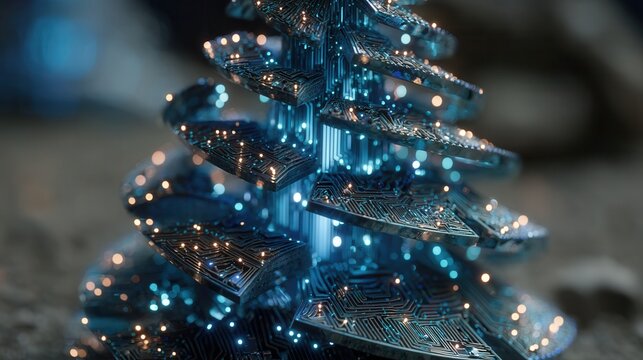 christmas technology Digital tree design with circuit patterns and glowing lights.