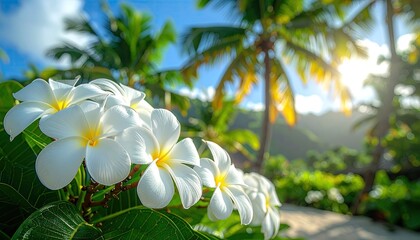 Close Up Of White Frangipani Flowers With Yellow Centers Against A Blurred Tropical Beach Sunset Scene With Palm Trees And Blue Sky