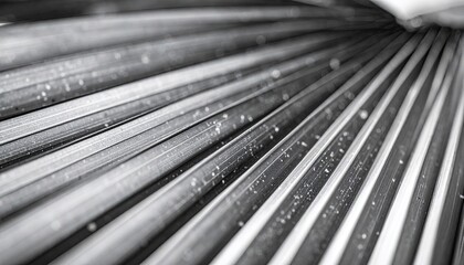Close up of water droplets on a palm leaf in black and white showcasing intricate natural textures and patterns with soft lighting detail