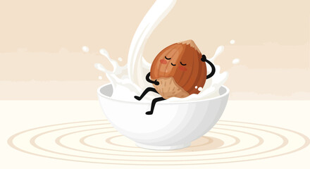 A Cheerful Hazelnut Enjoying A Relaxing Soak in a Creamy Bowl of Milk Illustration.