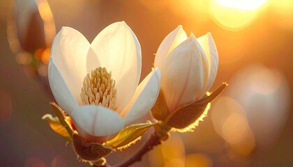 Close up of white magnolia flowers blooming with soft golden sunlight shining through petals in a natural outdoor setting with a bokeh background
