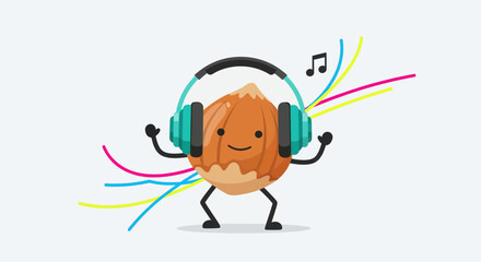 A Cheerful Hazelnut Personified Wearing Headphones and Listening to Lively Music