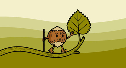 A Cheerful Hazelnut Walking Along a Branch with a Leaf in a Playful Cartoon