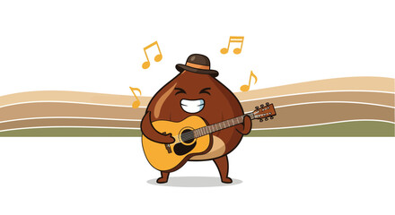 A Cheerful Mascot Chestnut Character Playing Guitar and Singing Melodious Tunes with Musical Notes