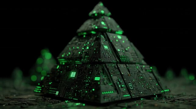 christmas technology Futuristic pyramid with circuit patterns and glowing green accents.