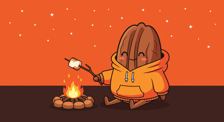A Cheerful Pecan Character Enjoying Campfire Delights Under a Starry Sky Illustration