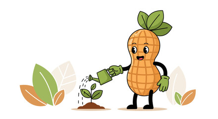 A Cheerful Peanut Character Watering A Young Plant In An Illustrative And Friendly Design