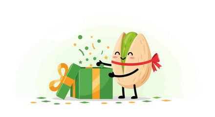 A Cheerful Pistachio Character Unveiling a Gift With Sprinkles of Delight