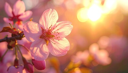 Close Up Pink Cherry Blossom Flower With Soft Sunlight And Bokeh Background In Spring Season