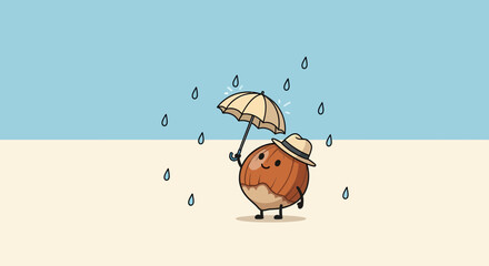 A Cheerful Nut Person Under A Charming Umbrella In The Gentle Rain Shower