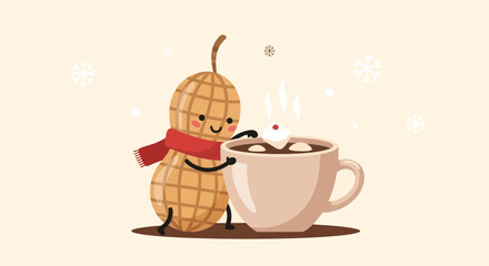A Cheerful Peanut Character Enjoying Cozy Winter Hot Chocolate Drink Illustration