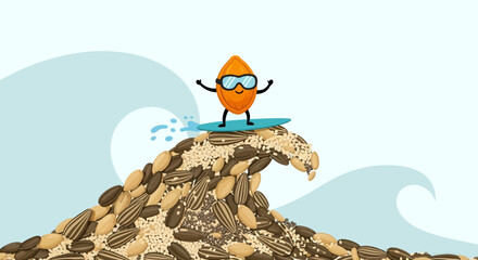 A Cheerful Surfing Almond Riding a Wave of Diverse Seeds and Healthy Grains