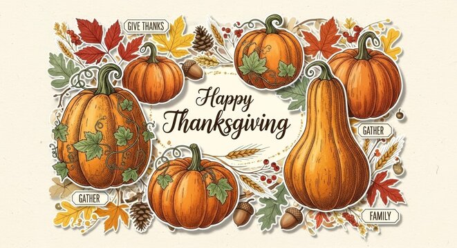 Happy Thanksgiving Illustration with Autumn Pumpkins, Leaves, and Festive Text - Powered by Adobe