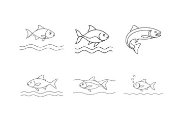 Continuous Line Drawing Swimming Fish Minimalist Ocean Illustration on White Background.