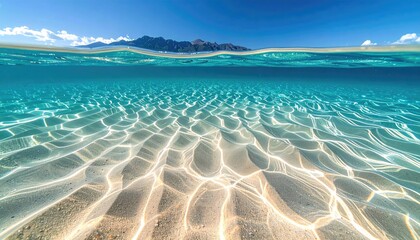 Crystal Clear Tropical Ocean Water with Sunlight Reflecting on Sandy Bottom and Distant Island Under Blue Sky