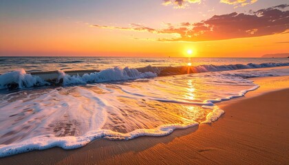 Golden Sunset Over Ocean Waves Crashing On Sandy Beach With Sun Flare Reflection On Water And Sand Warm Ambient Light Glow