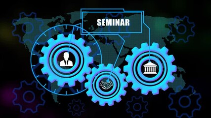  seminar Concept Gears with Icons on world map Background