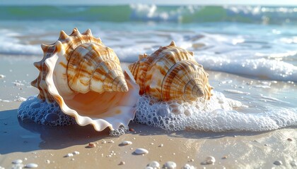 Close-up of two ornate shells on a sandy beach, touched by foamy ocean waves under a bright, sunny sky
