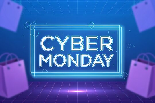 Cyber Monday neon sign with shopping bags and grid background