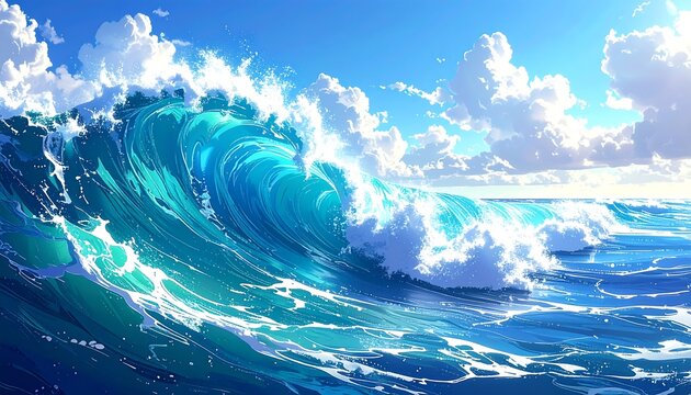 An illustration presents a dramatic, towering wave of turquoise water under a blue sky dotted with puffy white clouds, sunlight - Powered by Adobe