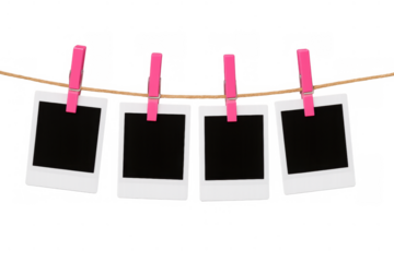 Blank instant camera frames hanging with pink clothespins on a clothesline, ready for displaying memories, transparent background