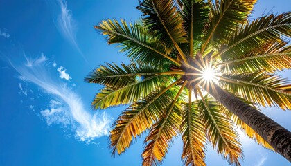 Looking up at a tall palm tree with green and yellow fronds against a bright blue sky with wispy white clouds and the sun shining through the leaves creating a lens flare effect