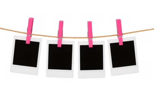 Blank instant camera frames hanging with pink clothespins on a clothesline, ready for displaying memories, transparent background