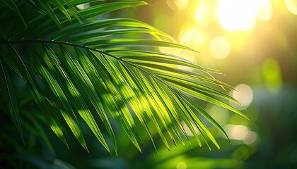Lush Green Fern Leaf Illuminated By Golden Sunlight Creating A Serene Tropical Rainforest Atmosphere With Soft Bokeh Background