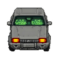 Pixel art of a gray car viewed from the front with glowing green windows and orange headlights. Retro 8-bit vehicle illustration perfect for pixel games, digital art, and vintage automotive designs.