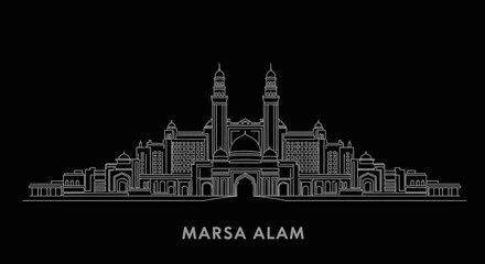 Fototapeta premium Vector illustration of the iconic Marsa Alam skyline, showcasing its architectural grandeur on a dark background