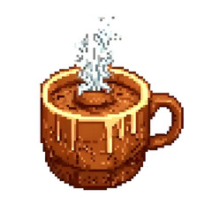 Pixel art of a steaming hot coffee cup with rich brown tones and melting cream drips. Retro 8-bit style illustration ideal for café designs, vintage games, and cozy beverage concepts.