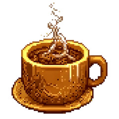 Pixel art of a hot coffee cup with a saucer, featuring splashing liquid and warm brown tones. Retro 8-bit style illustration perfect for café branding, vintage games, and cozy beverage themes.